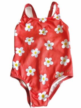 NWOT Girls Red Floral One-Piece Swimsuit with Daisy Print